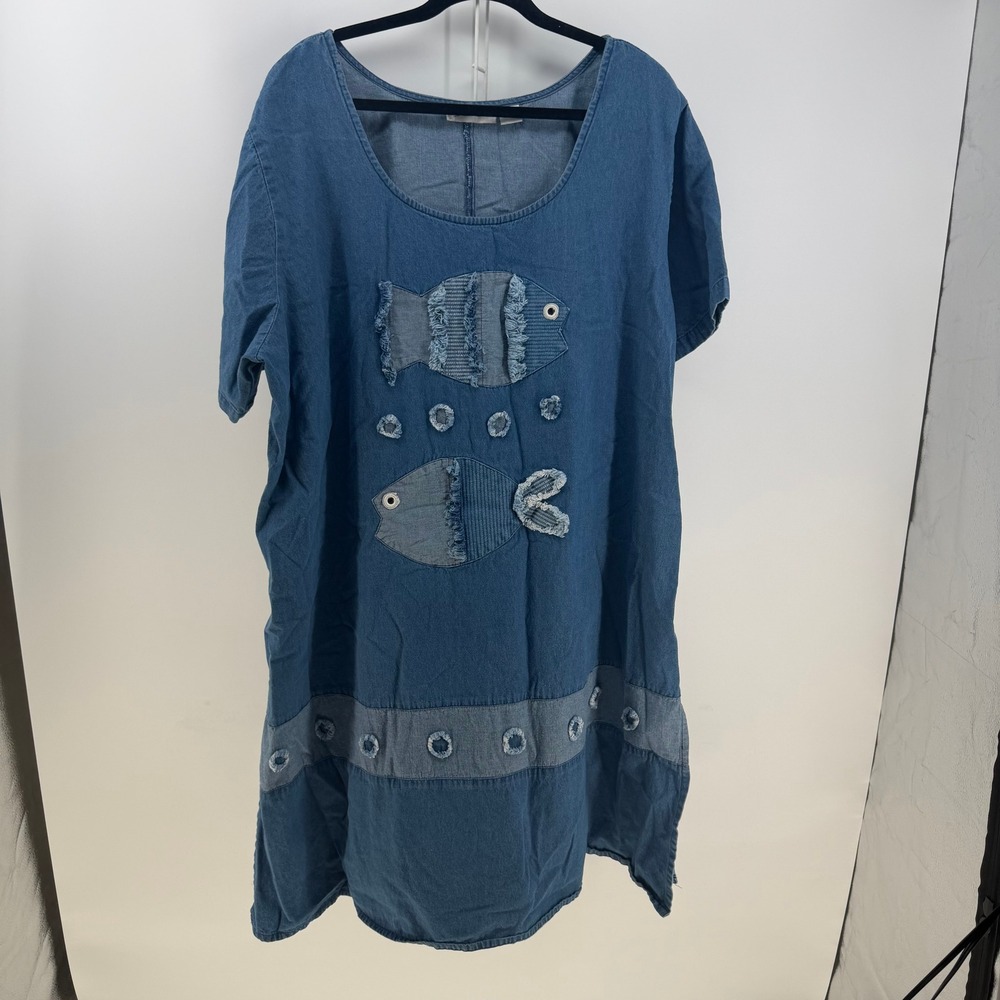 Santé Fish Patchwork Denim Dress Women 4X Blue Coastal Nautical Lagenlook Casual